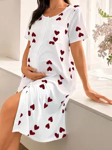 Moo Moo Long Knitted Maternity Nightgown With Round Neck Casual Heart Pattern Design Short Sleeve Summer White Night Gown for Daily Wear