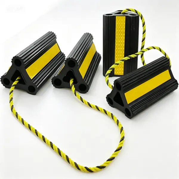 Heavy Duty RV Wheel Stops, Sturdy Rubber Tire Blocks for Travel Trailer Camper Truck Car, Easy to Use Wheel Chock Set with Rope and Yellow Reflective Tape, Trailer RV Accessories (2 Set 4 Pack)