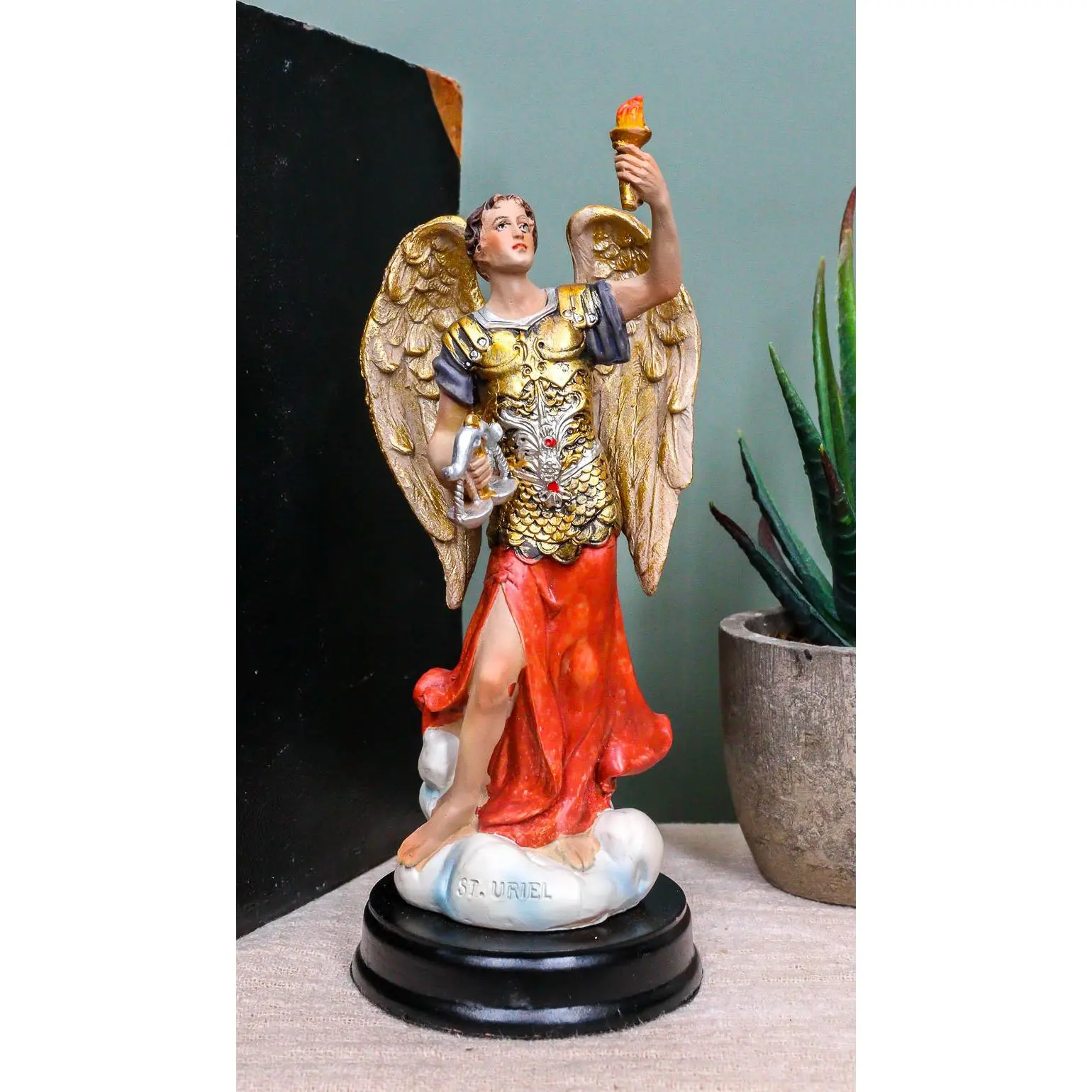 Catholic Church Archangel Saint Uriel With Holy Spirit Torch Statue With Base
