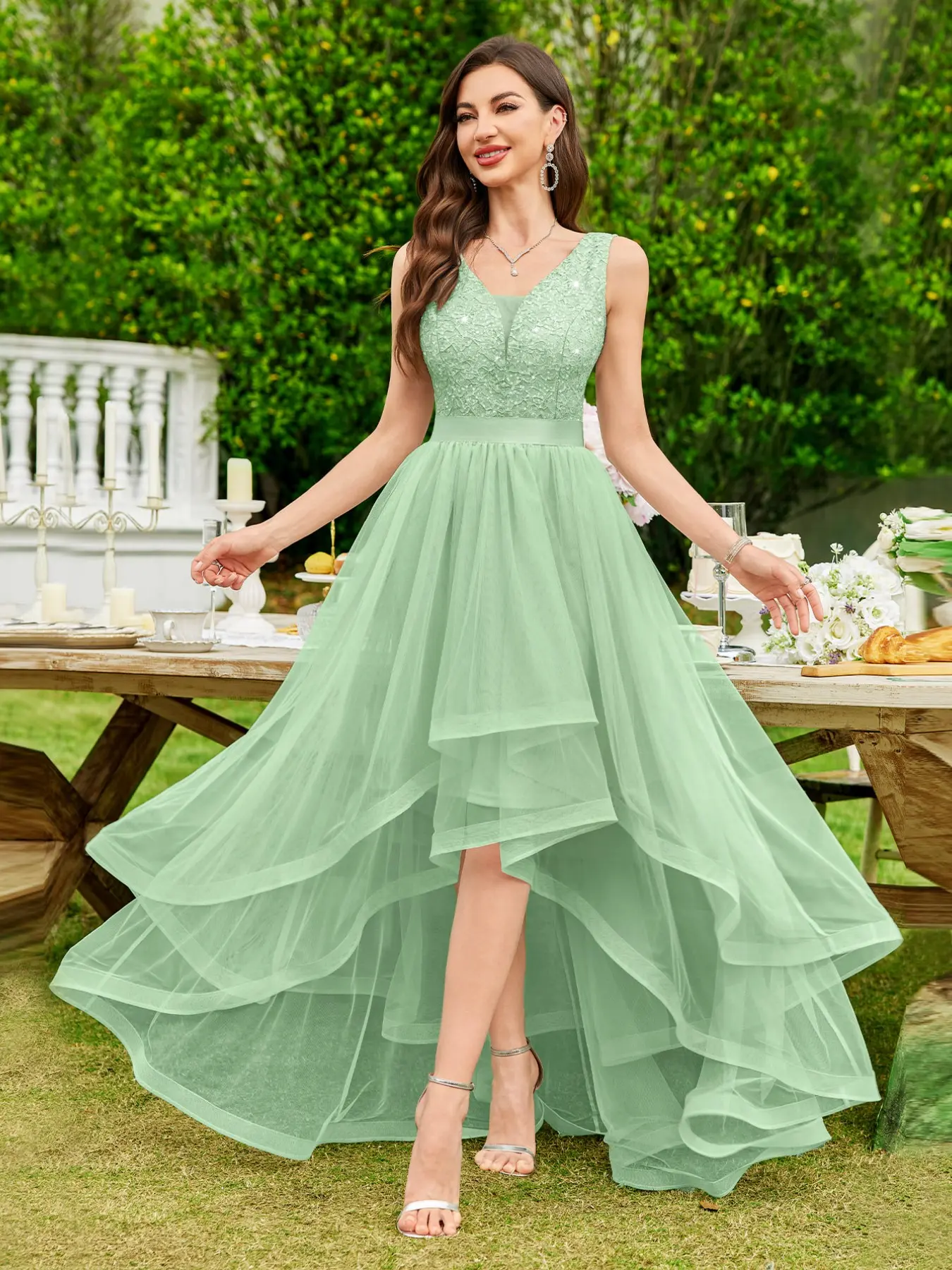 MIUSOL 54550A Sequin Floral Lace Sleeveless Ruffle Layered Hem Mesh Evening Cocktail Party Swing Long Dress, Evening Sequin Details, Formal Wear, Prom Dress, For Wedding Guest, Graduation, Dinner, Birthday
