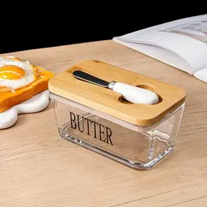 Glass Butter Dish with Bamboo Lid and Butter Knife, Decorative 500ML Food Storage Container for Kitchen and Dining, Ideal for Fresh Butter Preservation, Glass Storage Containers