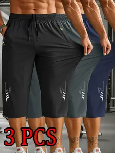 3 pairs of men's casual Athletic seven-eighths shorts, Athleisure Shorts, with drawstring pockets, suitable for all-year-round outdoor activities and indoor workouts.