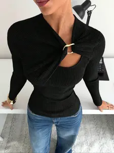 Women's Fall Winter Slim Fit Knit Textured Ribbed Soft Fabric Asymmetrical Drape Hollow Out Metal Buckle Long Sleeve T-Shirt