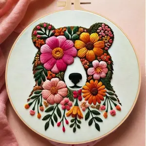 Bear Flower Embroidery Kit – DIY Floral Stitching with English Guide for Beginners Home Art