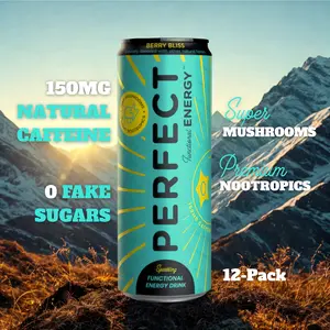 Perfect Energy Berry Bliss 12-Pack - Functional Energy Drink with Blueberries & Pomegranate - Clean Energy, Super Mushrooms, Nootropics - Sparkling Drink Beverage Natural
