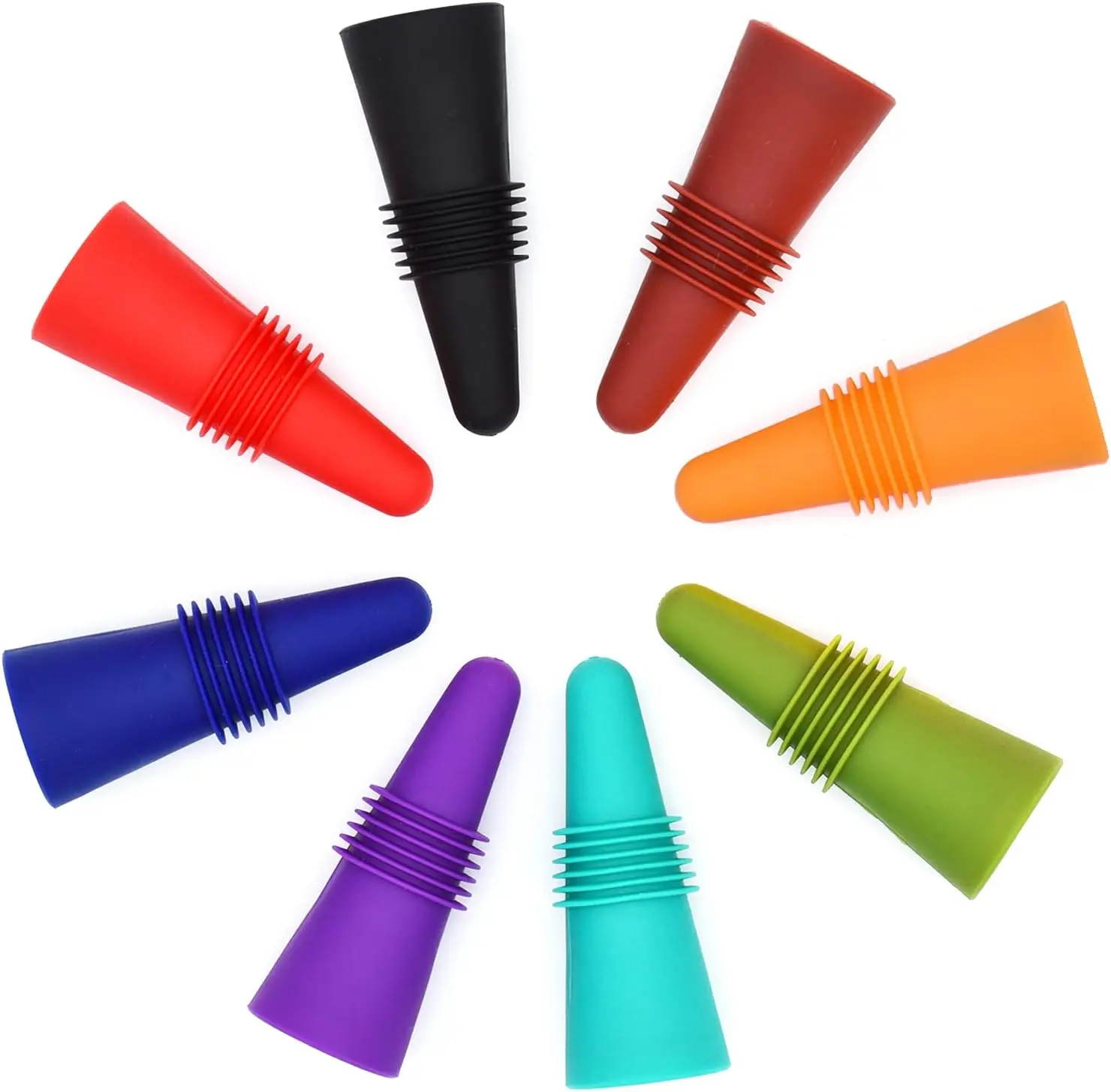Silicone Wine Bottle Stoppers with Grip Top – Reusable Beverage Bottle Sealers for Wine & Champagne Freshness, Leak-Proof Corks, 8-Pack