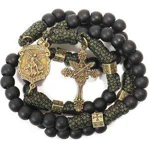 Antique Bronze Metal Rugged Durable Paracord Rosary Necklace Black Matte Prayer Beads with Saint Medal and Crucifix