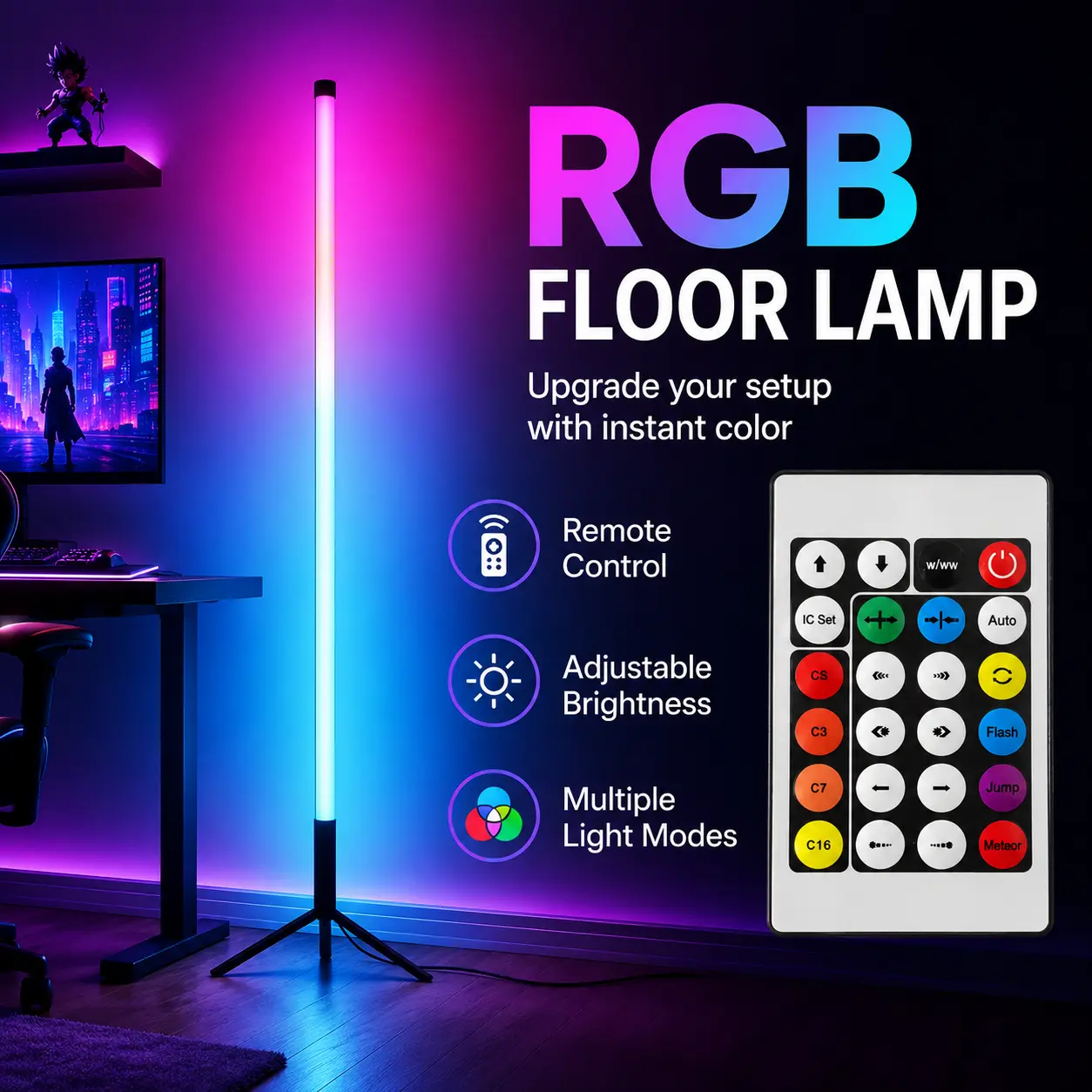 Modern RGBIC Mood Floor Light with Music Response, Slim LED Standing Accent Lamp with App/Remote Operation for Apartment, Dorm, Media Room and Bedroom, 1 or 2 Pack