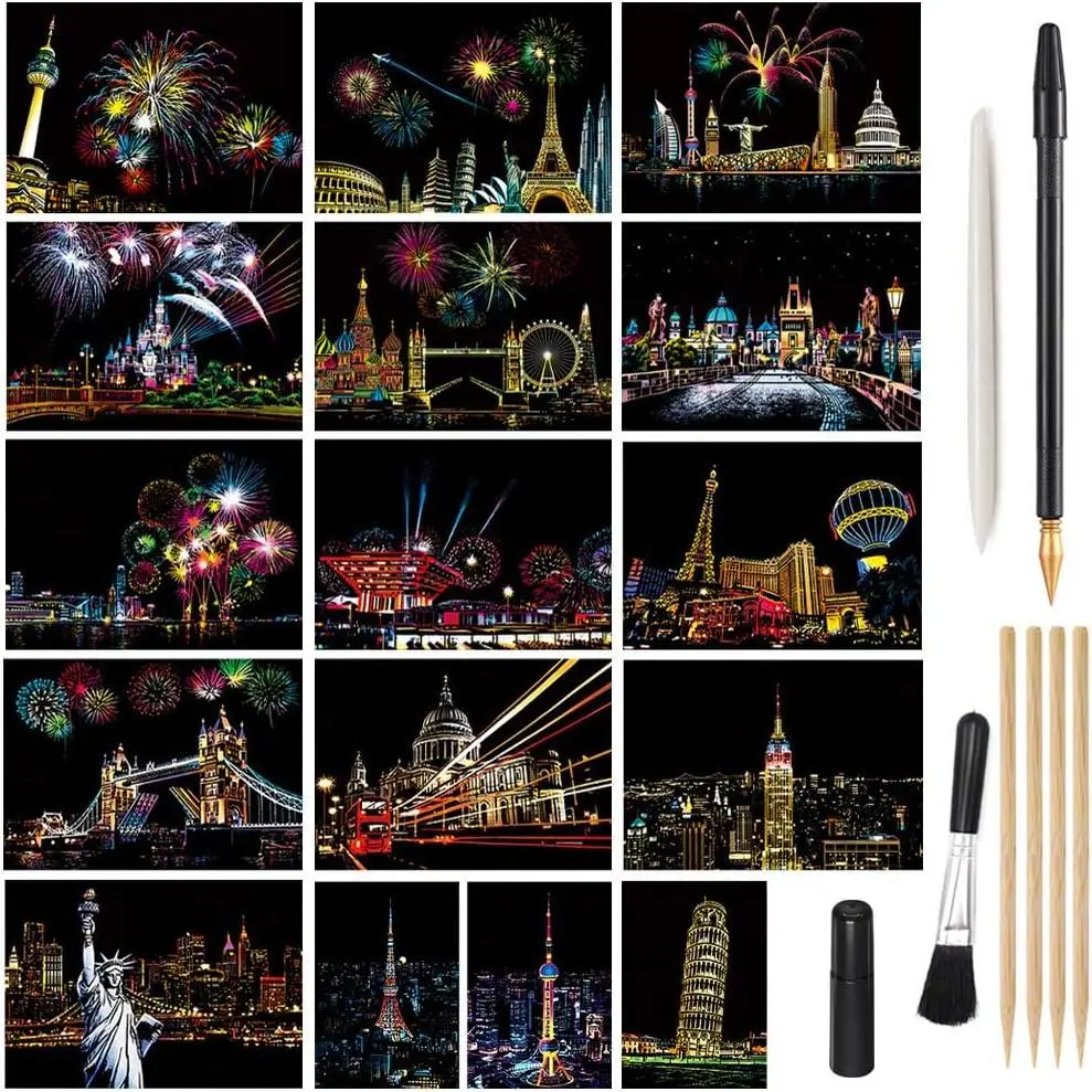 agic Scratch Art Paper, ini Envelope Postcard, Rainbow Night View Scratchboard for Adults and , Art & Crafts Set : 16 Sheets Scratch Cards & 8 Tools Drawing Pen, Brush (Travel Around The World)