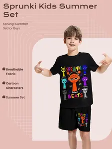 Sprunki Cartoon Character Set, Active Boys Summer Breathable Short Sleeve Shorts, Trendy Game Style Two-Piece Set