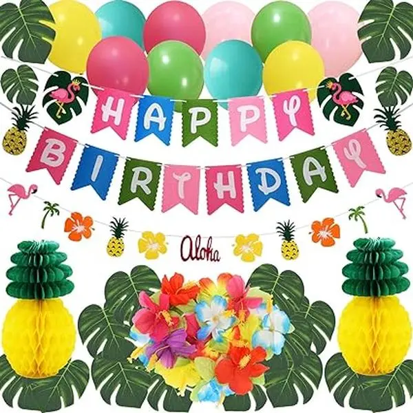 Flamingo Decor Party Supplies Birthday Banner with Tropical Palm Leaves, Hibiscus Flowers, Tissue Paper Pineapples, Party Balloons Pack Plastic