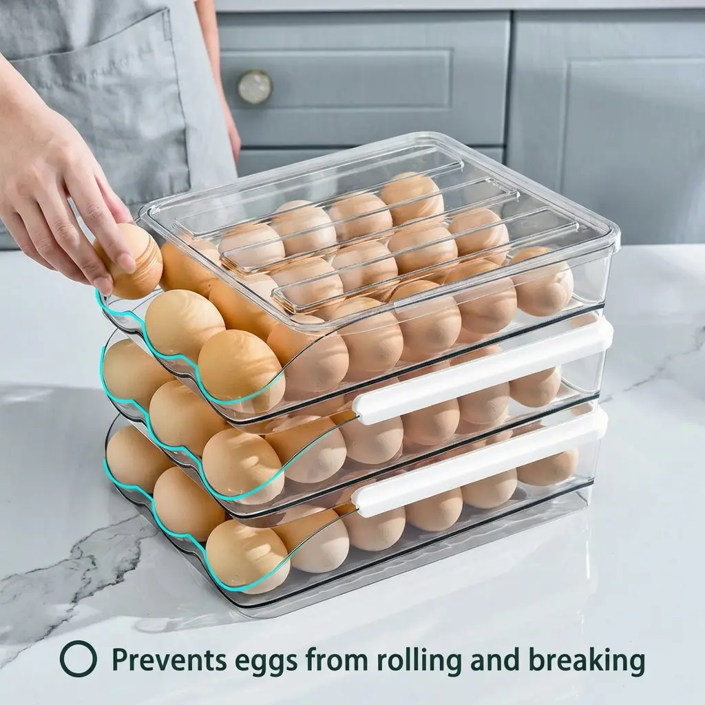 3-Tier Refrigerator Egg Holder, Automatic Rolling Egg Container, Stackable Covered Storage Rack, Transparent Plastic Egg Dispenser and Tray, Fridge Organizers, Kitchen, Refrigerator Accessories