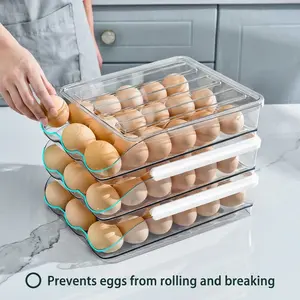 3-Tier Refrigerator Egg Holder, Automatic Rolling Egg Container, Stackable Covered Storage Rack, Transparent Plastic Egg Dispenser and Tray