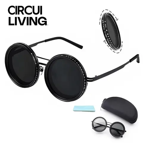 Men's Vintage Titanium Frame Polarized Shades - 1-9 Gear Manual ND Lens, Adjustable Darkness Level, UV400 Shield, Round Eyewear Fashion, Multi-Sports Outdoor Sunglasses for Driving, Golf