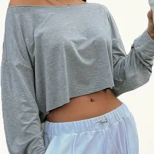 Off Shoulder Boat Neck Drop Sleeve Crop T-shirt arm