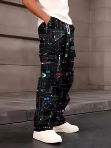 One-piece men's cargo pants with black background and colorful circuit pattern splicing, American retro style with multi-pocket design
