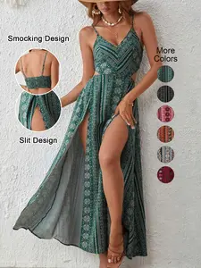 Women's Boho Striped Bodycon Dress, Split Thigh Backless Spaghetti Strap, Perfect for Beach Vacation & Layering