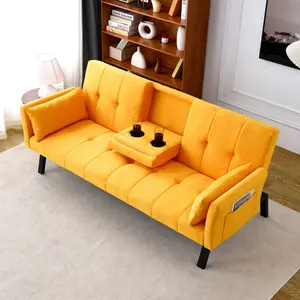 70" Loveseat Sofa Bed with Cup Holders & Side Pockets, Tufted Backrest, 3 in 1 Cotton & Linen Convertible Sleeper for Small Spaces, Yellow