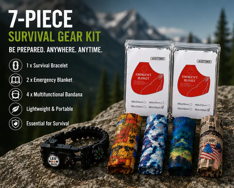 Survival Gear 7-Piece Set for Hiking / Light Outdoor, Versatile Fabric Scarf and Emergency Blanket Kit with Survival-Themed Compasses, Cells, 1 X Survival Bracelet