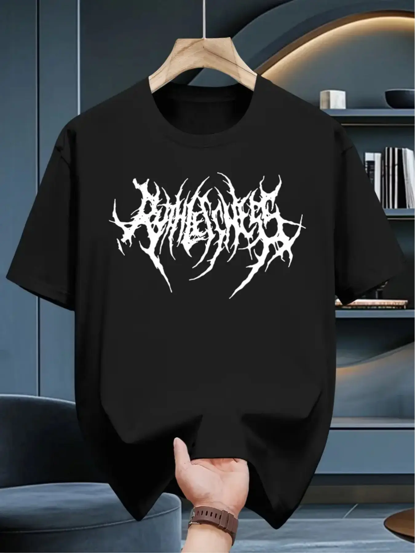Men's Black Cotton T-Shirt with Abstract Round Nec