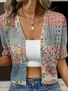 Women's V Neck Knit Short Sleeve Cardigan, Multi-Color Block Print Hollow Out Button Design, Boho Vacation Style, Casual Elegance Outerwear Womenswear