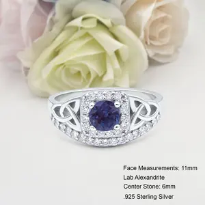 Trinity Halo Cushion Cut 0.84 Carat Lab Alexandrite Ring Bridal Band Wedding Round Shape Ring 925 Sterling Silver 11mm