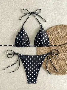 Polka Dot Bikini Set Women, Cute Triangle String Swimsuit, Adjustable Tie Side Bathing Suit, Adjustable Triangle Two Piece Swimsuit for Women