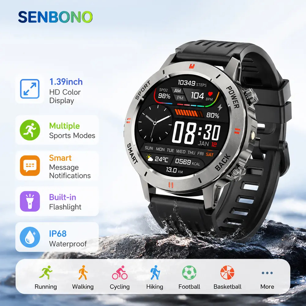 SENBONO men's smartwatch features multiple sports modes, a fitness tracker, IP68 water resistance, call reminders, and a weather forecast. It is compatible with both Android iOS.