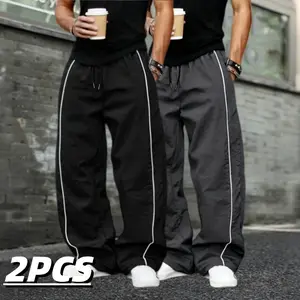 2-Pack American Side-Striped Wide-Leg Parachute Pants High-Street Vibe Quick-Drying Breathable Adjustable Cuffs Unisex Loose Fit Versatile Athletic Pants for Spring Summer Streetwear Skateboarding Commuting Menswear Man - Beige - Trouser tiktokshopspringg