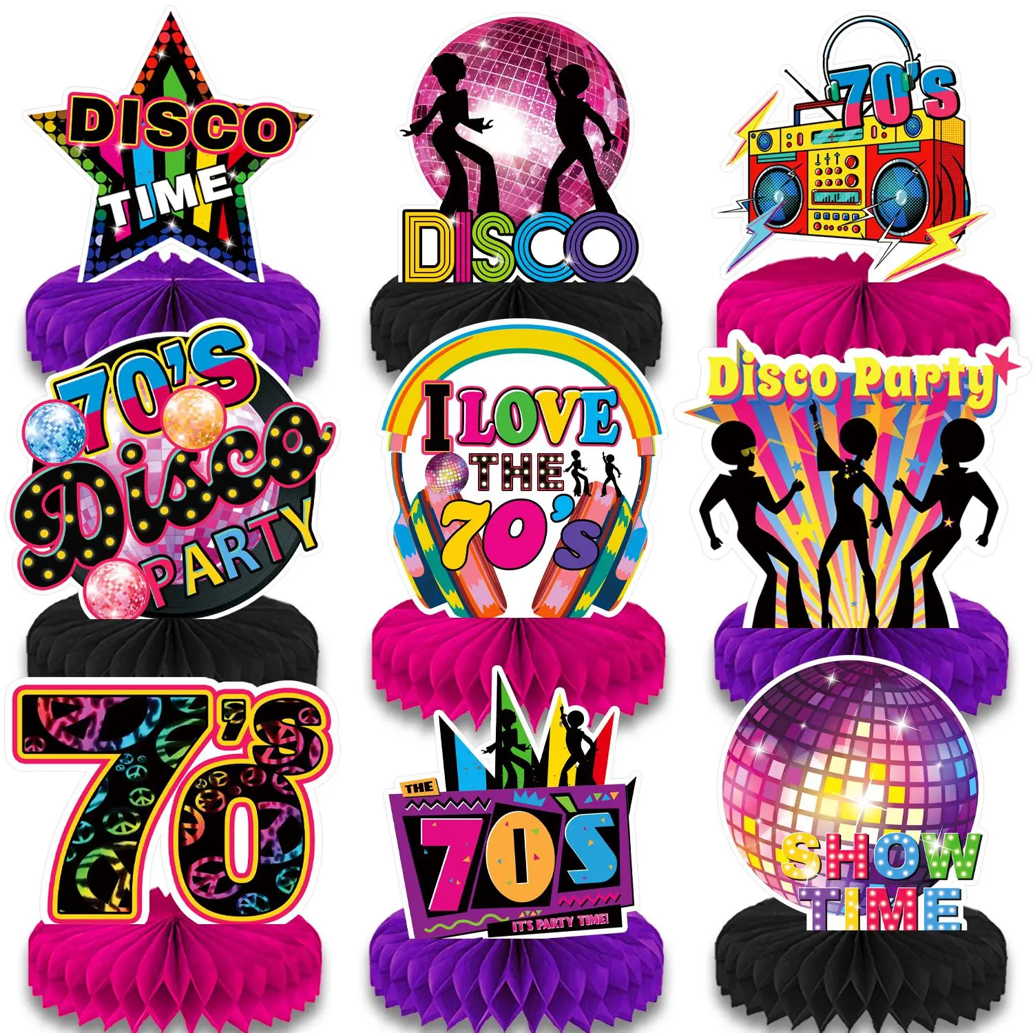 Disco Themed Honeycomb Centerpiece, 9 Counts/set Disco Party Decoration, Table Topper for Neon Night Birthday Hip Hop Props, Nostalgic Birthday Party Supplies, Ornaments, Party Event Props, Gifts For Birthday