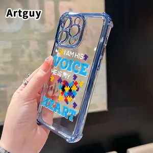 Autism Pattern Four Corner Anti-Fall Phone Case Transparent Electroplated Protective Cover for iPhone 16 Pro Max 15 Plus 14 13 12 11 E