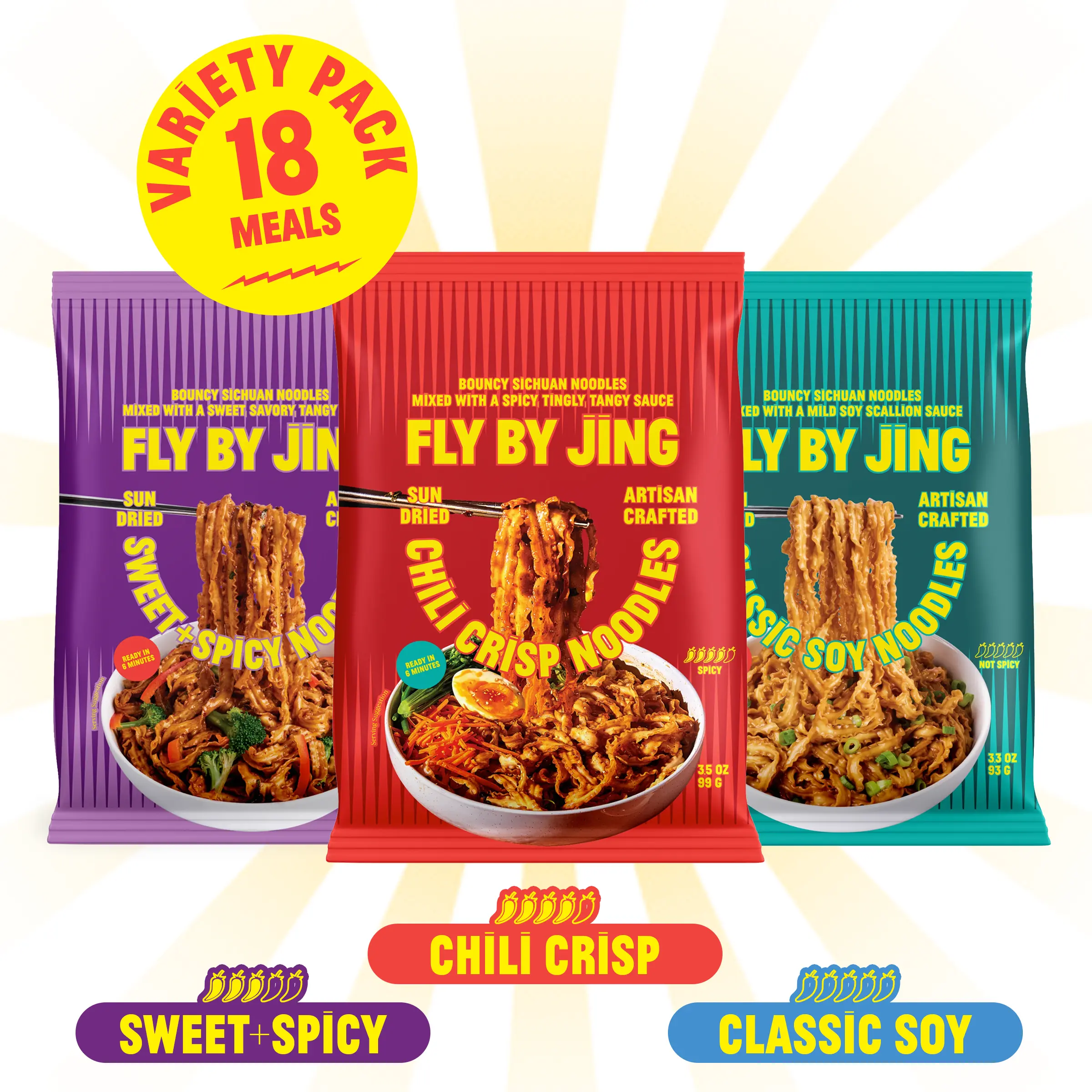 Fly By Jing Instant Noodles 18-Pack – 3 Bold Flavors from Mild to Spicy with 12g Protein, Ready in 6 Minutes (Variety Pack)