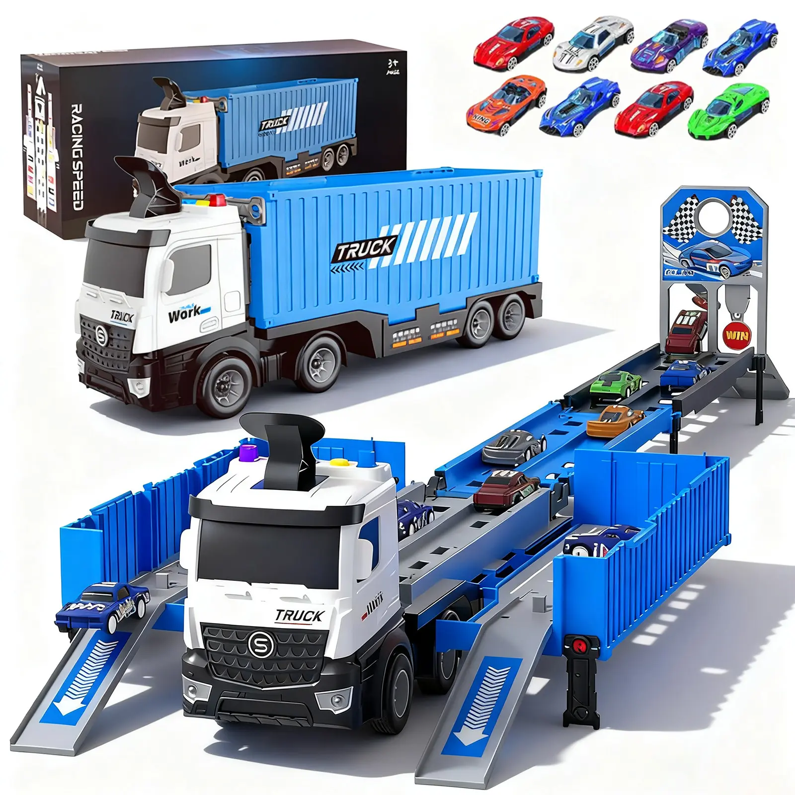 Truck Track Kids Toy, Spring-Powered Track Toddlers Toys, Foldable Three-Tier Container Track Toy Car Set with 8 Alloy Cars, Suitable for Boys and Girls Christmas Birthday Gift Toys