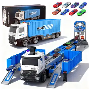 Truck Track Kids Toy, Spring-Powered Track Toddlers Toys, Foldable Three-Tier Container Track Toy Car Set with 8 Alloy Cars, Suitable for Boys and Girls Christmas Birthday Gift Toys