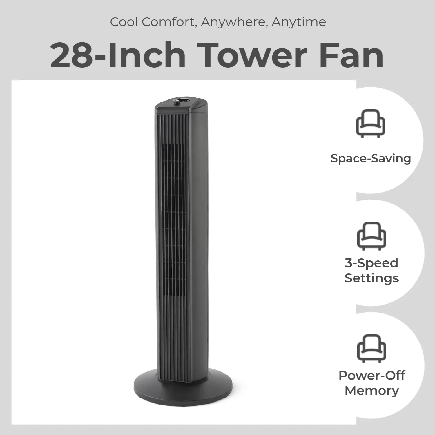 Mainstays Like New 28 Inch Tower Fan Oscillating Cooling Fan with 3 Speeds 3 Comfort Modes, Power Off Memory Function Space Saving Portable Floor Fan for Home Office Bedroom Dorm Room Summer Heatwave