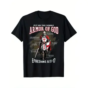 Cotton Short Sleeve  T-Shirt Full Armor of God Christian T-Shirt for Men & - Black with Red/White Ephesians 6:11-17 Bible Verse Design, Casual Regular Fit Round Neck Tee, Machine Washable Spiritual Gift Apparel, Religious Pullover Shirts