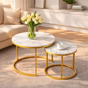 Mother’s Day Gift – 2-Piece Round Nesting Coffee Tables, Marble-Style Top, Space-Saving Stackable Design, Sturdy MDF & Metal Frame for Living Room & Bedroom