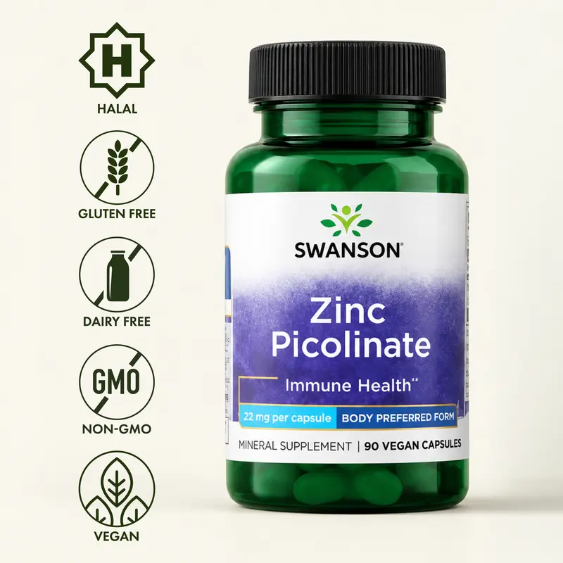 Swanson Zinc Picolinate 22 mg Body Preferred Form 60 Vegan Capsules for Immune Health & Collagen Production US Healthcare Supplement