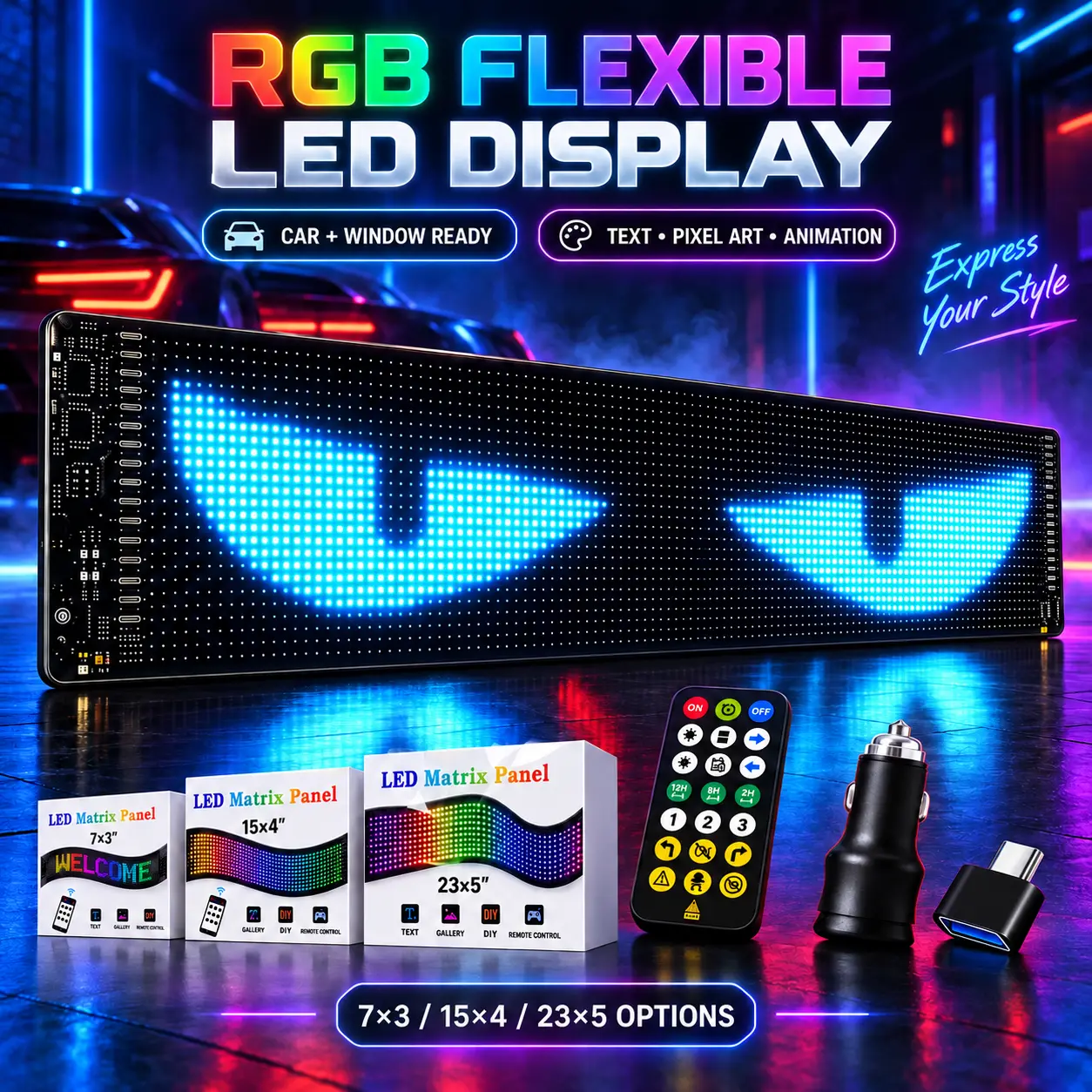 RGB Flexible LED Matrix Display, Programmable DIY LED Sign with Colorful Text, Pixel Art & Animated Patterns, USB Powered Digital LED Panel for Car Windows, Storefronts, Food Trucks, Gaming Rooms, Parties & Home Decor