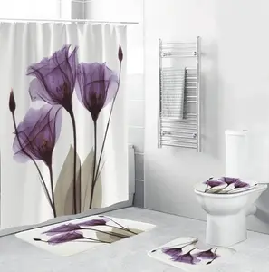 4 Piece Shower Curtain Sets with Non-Slip Rug, Toilet Lid Cover, Bath Mat and 12 Hooks, Durable Waterproof Bath Curtains White with purple flowers