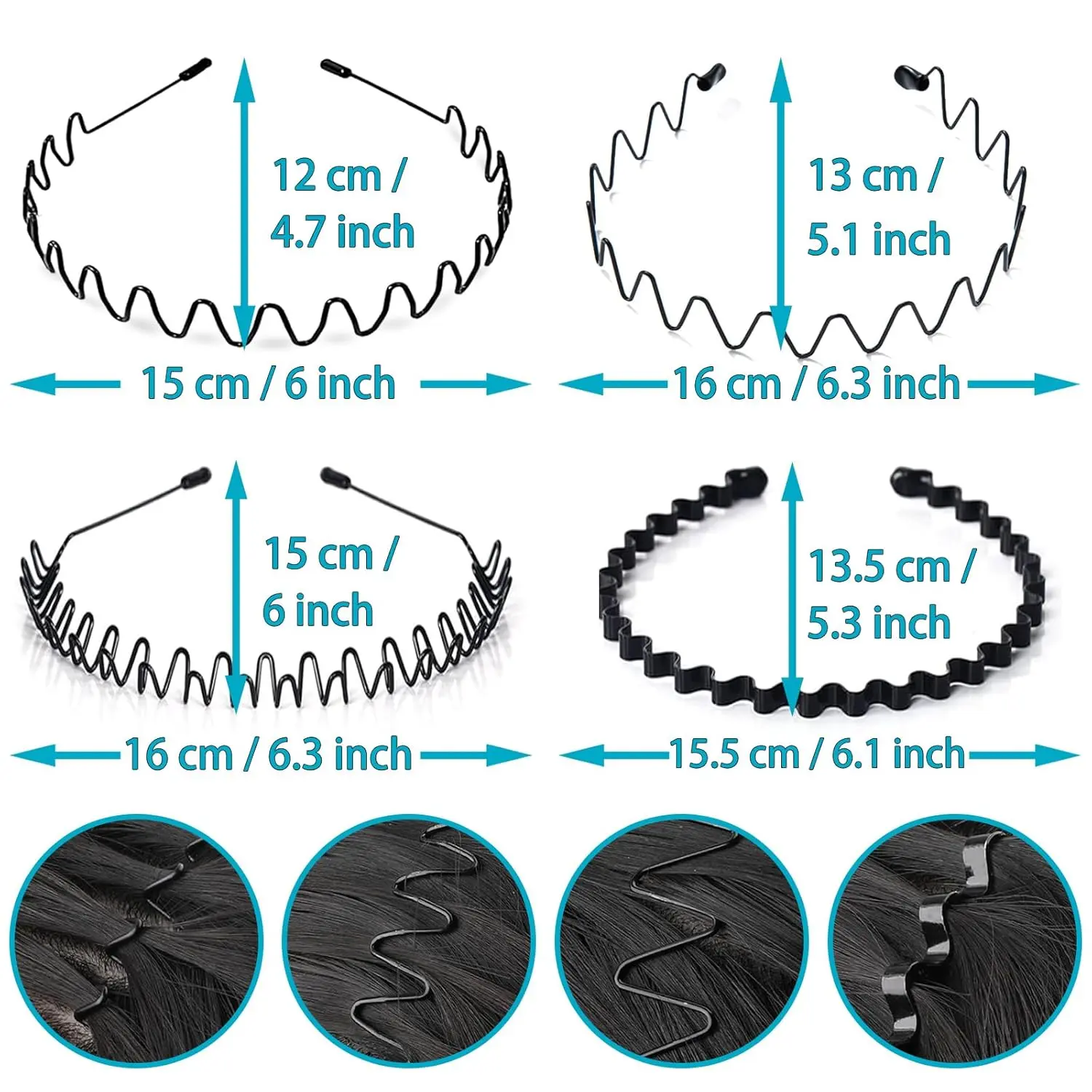 Metal Headband for Men, Unisex Black Wavy Spring Hair Band, Zig