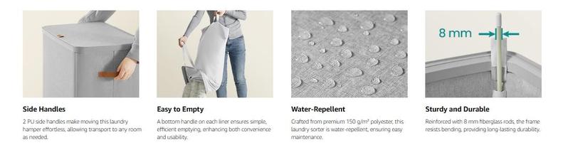 SONGMICS Laundry Basket, 44.9 Gal. Laundry Hamper, 2 Compartments, Easy Assembly, with Lid and Handles, Removable Inner Bags, Joseph