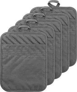 5Pack Pocket Pot Holders Cotton Heat Resistant Potholder Multipurpose Hot Pads Machine Washable Oven Mitts Cooking Pads Bulk for Daily Kitchen Baking and Cooking 8.9 x 6.9 Inch Grey