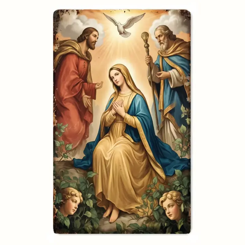 Vintage Distressed Metal Tin Sign - Rustic Catholic Christian Wall Plaque with Virgin Mary, Holy Spirit Dove, Jesus, Saint Angels, Religious Oil Painting Design, Elegant Spiritual Items for Indoor Decorative Prayer Room Home Altar