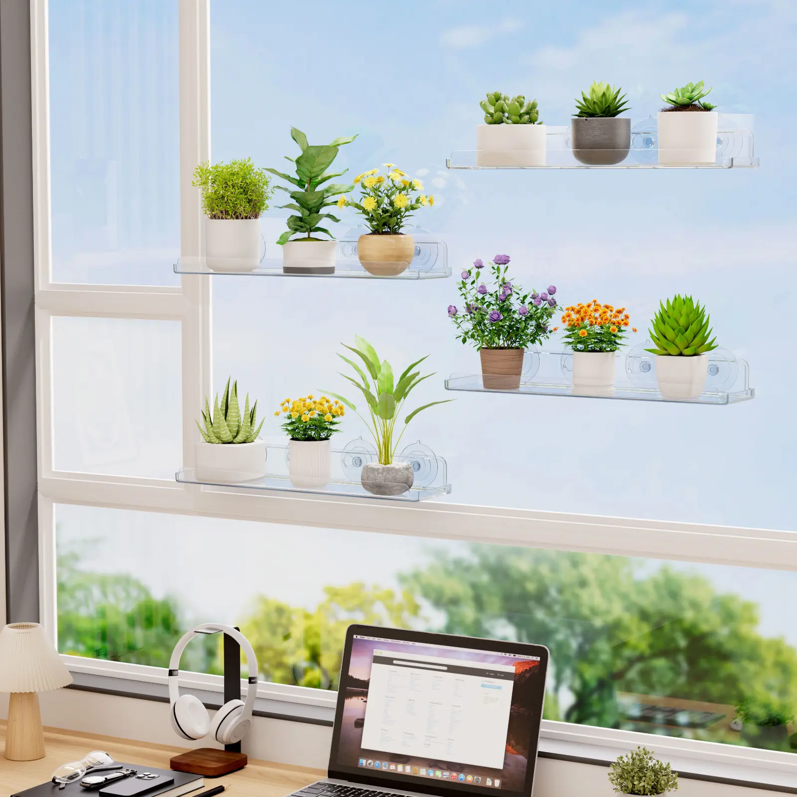 Lifewit 2-Pack 15-in Acrylic Suction Cup Window Floating Shelves, Vertical Decor for Succulents with Easy Installation & Plastic Components, Bathroom Option for 2-Pack Space Boost (5 - 10 Kg Capacity)