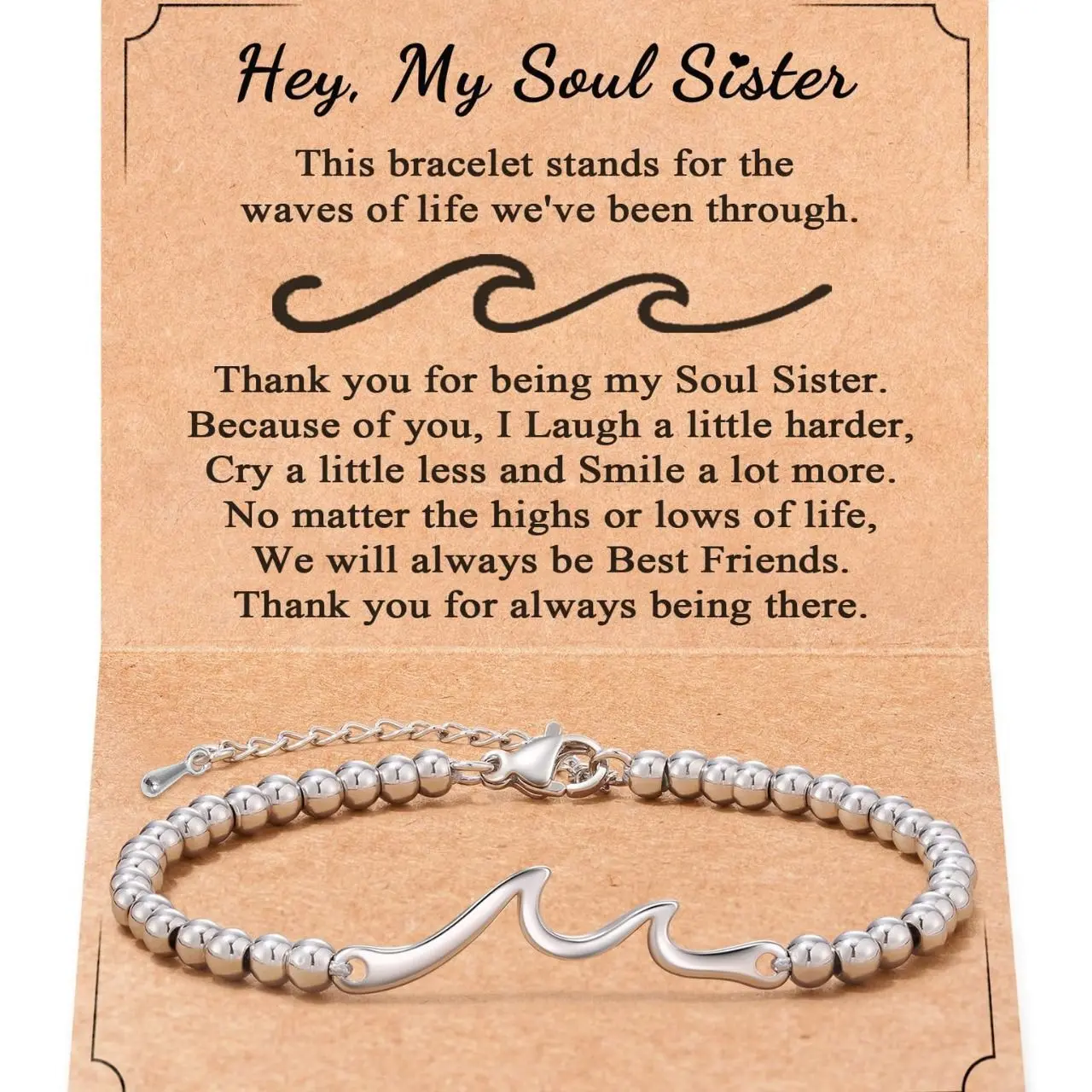 Sister Card 1+Wave Silver Bead Bracelet