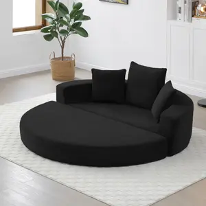 Round Boneless Sofa Bed, Futon Convertible Circle Folding Sleeper Couch Bed, Corduroy Lazy Floor Foam Chaise Lounge Sofa Couch with Pillows for Living Room, Bedroom, Studio, No Assembly Needed, Black