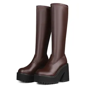 CYNLLIO Womens Elastic Knee High Boots Platform Chunky Block High Heel Sock Boots Zipper Round Toe Fashion Motorcycle Combat Punk Boots For Women Shoes Xmas Gift Ideas