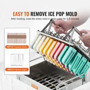 VEVOR Commercial Popsicle Moulds, 40PCS Round-Head Ice Pop Moulds with Double Slot, Stainless Steel Ice Lolly Popsicle Moulds, Ice Cream Maker Mould Holder with 50PCS Popsicle Sticks Bags