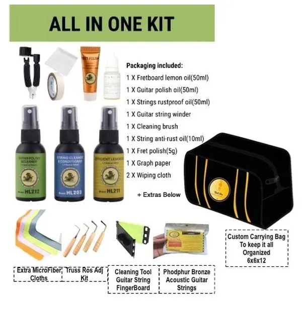 14pc Guitar Cleaning & Maintenance Set with Carrying Bag, Cleaner, Brush, Tool, Cloth & Extras Pack for Musical Instruments